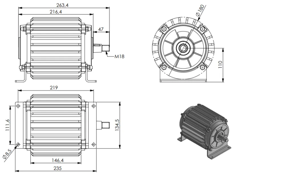 Vue détaillée du générateur 48V 1000W avec double roulement et boîtier robuste