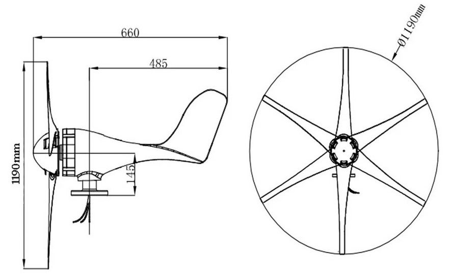 Plan de masse éolienne PWR 6 pales 12v 400w