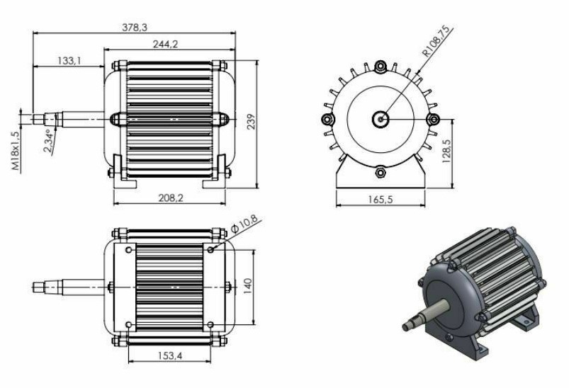 Plan de masse - Générateur Comptoir Eolien 48v moteur 2000w faible tours avec érou central inclus pour faciliter l'installation des composants